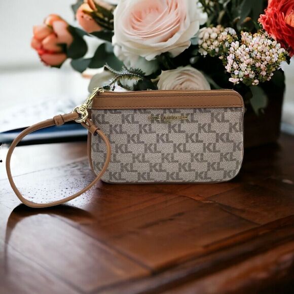 Karl Lagerfeld Paris Textured Faux Leather Wristlet Gold Tone Logo NIB - Picture 2 of 9